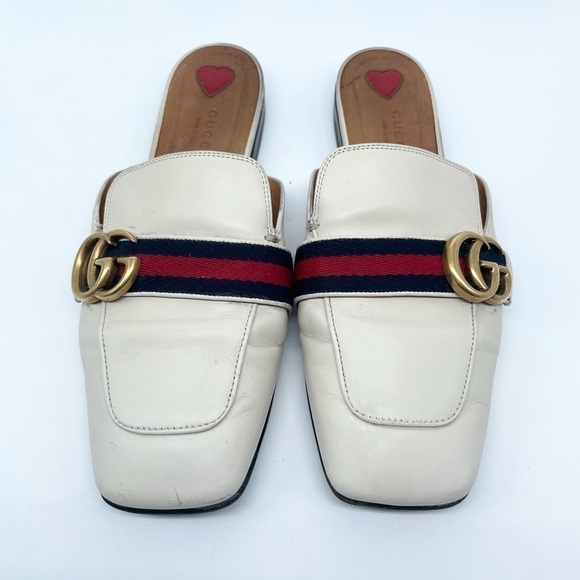 Gucci GG Logo Marmont Red Blue Web Canvas White Leather Mules Loafers EU 38.5 - Picture 2 of 15